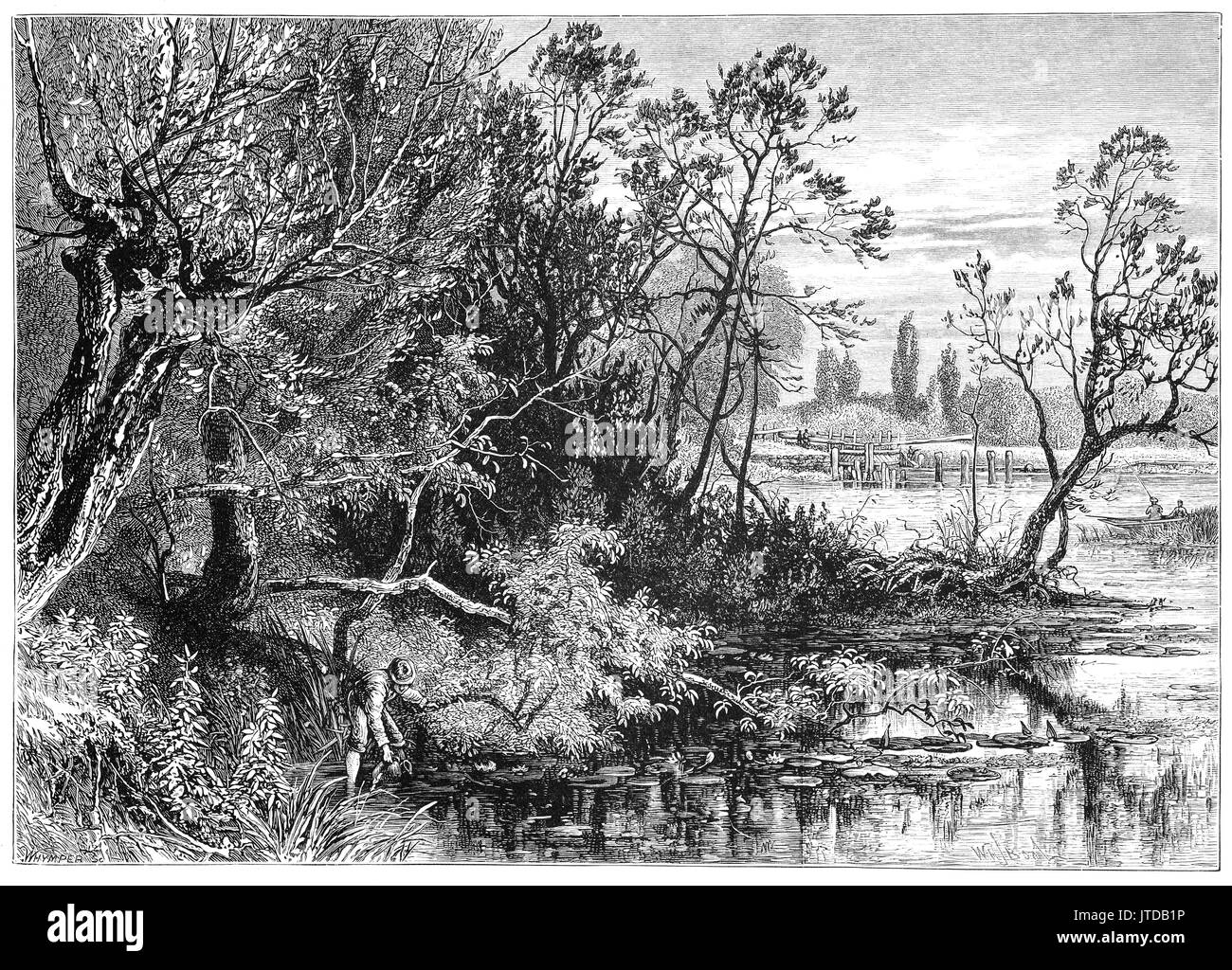 1870: l'uomo a raccogliere una brocca di acqua vicino tempio Lock sul Fiume Tamigi dove non vi è stato uno stramazzo e il blocco di flash da circa 1544. Essa è stata aggiornata a una libbra di legname bloccare dal Tamigi Commissari di navigazione nel 1773. Vicino a Marlow, Buckinghamshire, Inghilterra Foto Stock