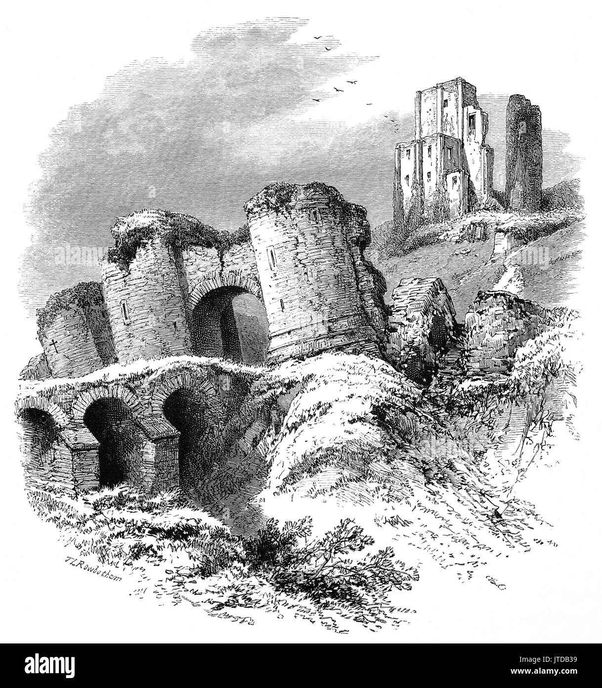 1870: il decimo secolo le rovine di Corfe Castle che si erge al di sopra del villaggio dello stesso nome. Era il luogo dell'assassinio di Edoardo il martire nel 978. Durante la guerra civile inglese fu una roccaforte monarchica e venne assediata due volte, nel 1643 e nuovamente nel 1646. Dorsetshire, Inghilterra Foto Stock