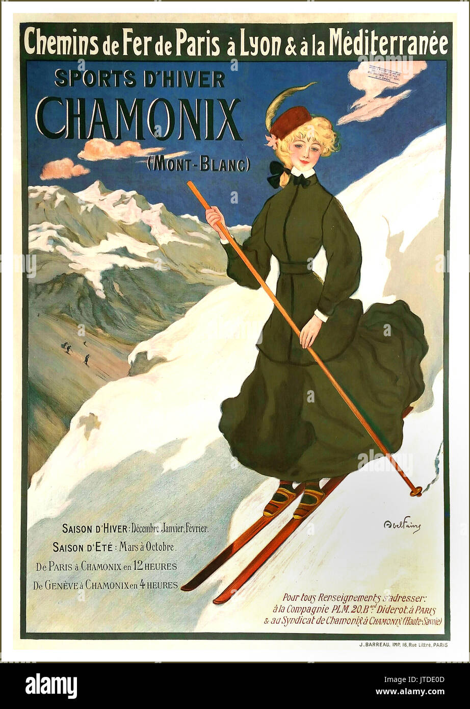 Originale del 1920 poster vintage CHAMONIX PLM Paris Lyon Méditérannée Sport d'hiver Mont-Blanc pattinaggio Foto Stock