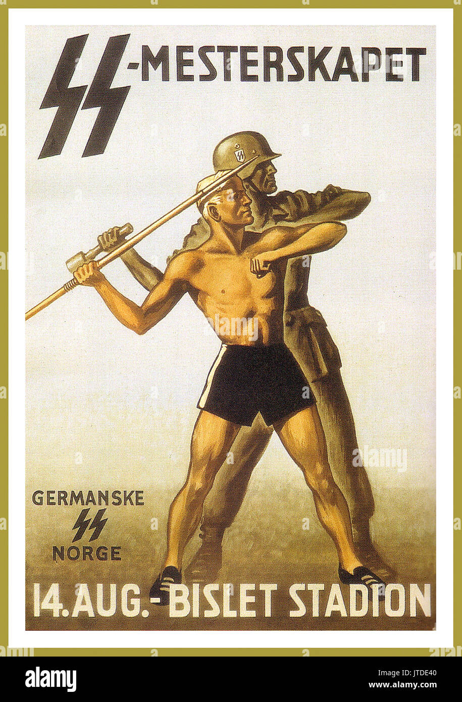 Campionato SS (SS mederskapet) Poster propagandistico tedesco d'epoca WW2 per il Campionato norvegese Waffen SS 'S' al Bislet Stadium 14th agosto in Norvegia la SS germanica (tedesco: Germanische SS) era il nome collettivo dato alle organizzazioni paramilitari e politiche stabilite in alcune parti dell'Europa occupata dalla Germania tra il 1939 e il 1945 sotto gli auspici dello Schutzstaffel (SS). Le unità sono state modellate sulla SS Allgemeine nella Germania nazista e stabilite in Belgio, Danimarca, Paesi Bassi e Norvegia le cui popolazioni sono state considerate nell'ideologia nazista particolarmente "adatte alla razza". Foto Stock