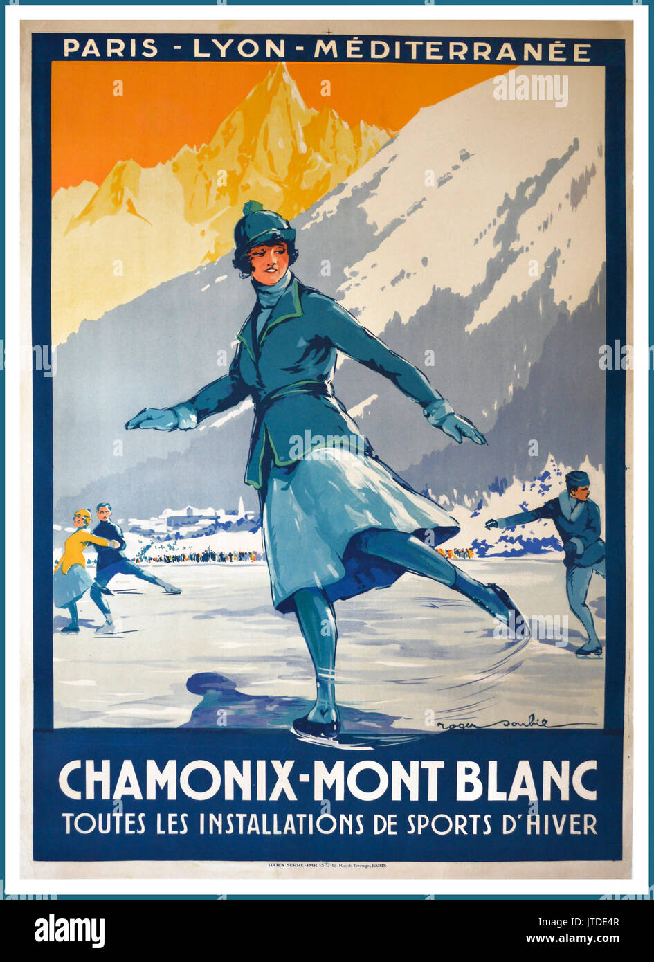 Originale del 1920 poster vintage CHAMONIX PLM Paris Lyon Méditérannée Sport d'hiver Mont-Blanc pattinaggio Foto Stock