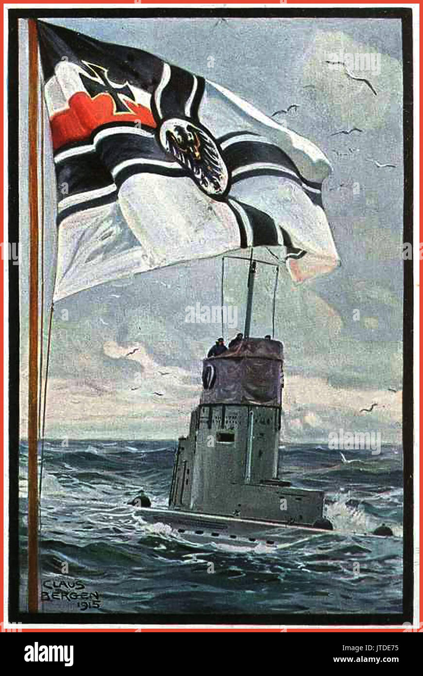 La Propaganda Kriegsmarine pittura 1915 WW1 del sommergibile tedesco sulla superficie con navale tedesco battenti bandiera in primo piano per artista Claus Bergen Foto Stock