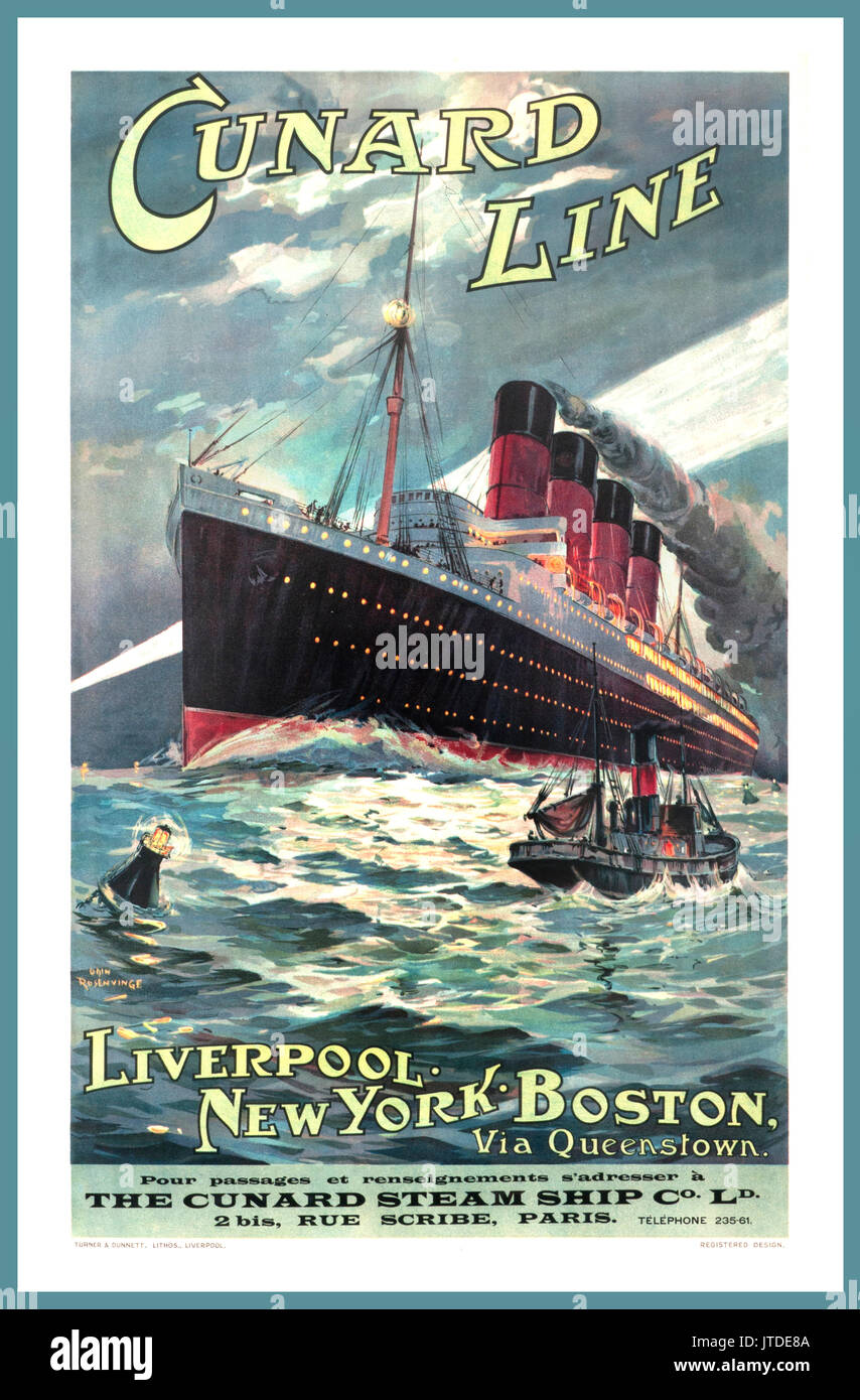 VINTAGE CUNARD LINE nave a vapore poster del novecento la Cunard Lusitania e sua sorella, la Mauritania, sono stati il più grande e veloce le navi a vapore sul mare, utilizzando turbine a vapore per la prima volta. Foto Stock