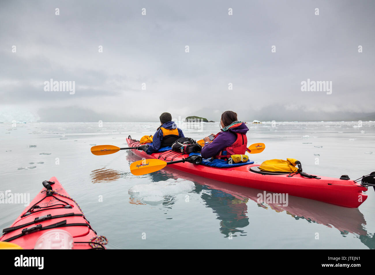 Kayakers nella baia di aialik, penisola di Kenai, Alaska, Stati Uniti d'America Foto Stock