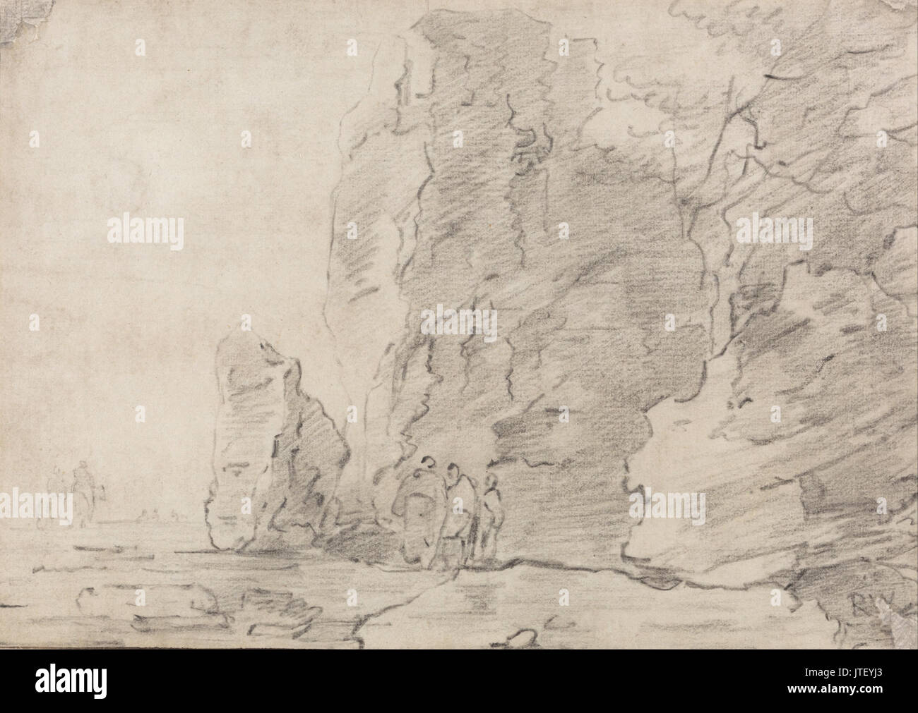 Richard Wilson tre figure in piedi da scogliere rocciose, due cavalieri in distanza a sinistra Foto Stock