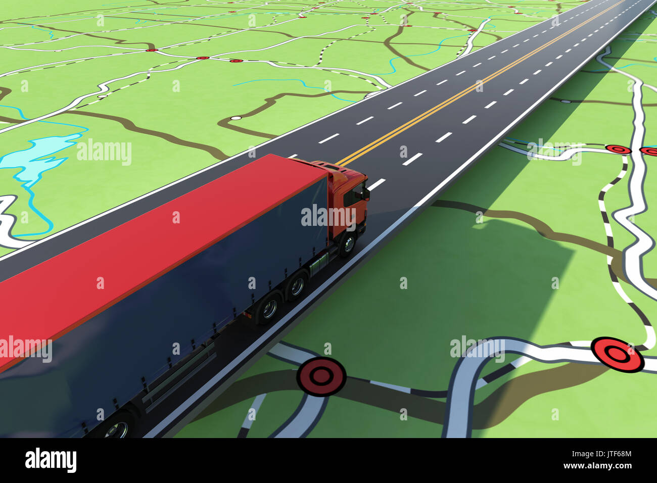 Carrello veloce in un'autostrada. Localizzatore GPS di spedizione. Il rendering 3D. Foto Stock