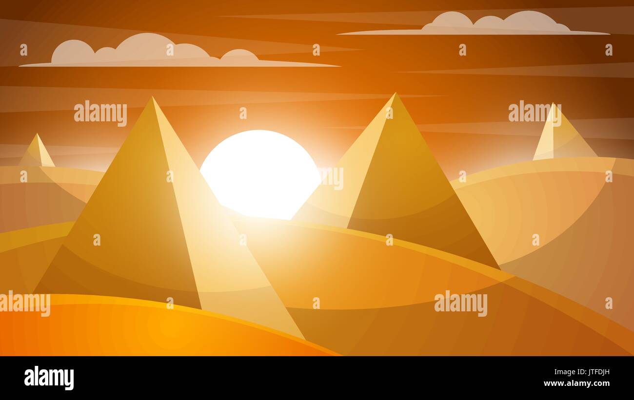 Il paesaggio del deserto. Piramide e sun. Illustrazione Vettoriale