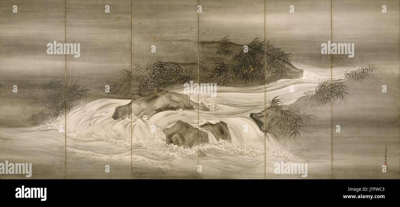 Shiokawa Bunrin paesaggio fluviale con le lucciole Foto Stock