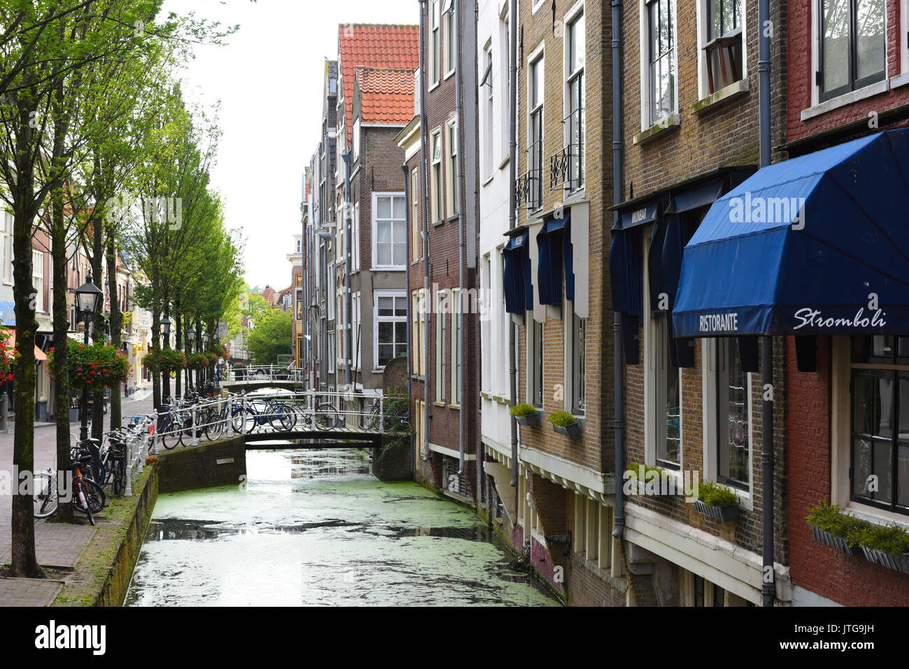 Un tranquillo canale di Delft, South Holland, Paesi Bassi Foto Stock