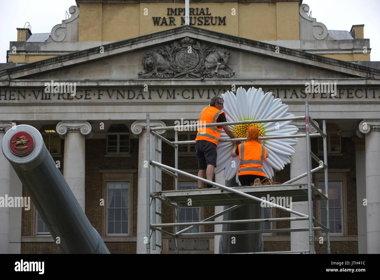 Londra, Regno Unito. 08 Ago, 2017. Popolo di alimentazione: la lotta per la pace mostra. Imperial War Museum di Londra, UK, 8 agosto 2017 due grandi fiori saranno temporaneamente messo sulla 15 pollici artiglieria navale posizionato nella parte anteriore del IWM Londra. I fiori sono stati scelti in quanto sono state una parte significativa del movimento per la pace, dal papavero bianco indossato come un simbolo di pace per l'immagine iconica di un manifestante immissione fiori in canne di fucili da noi detenuti polizia militare a una manifestazione contro la guerra del Vietnam nel 1967. Credito: Jeff Gilbert/Alamy Live News Foto Stock