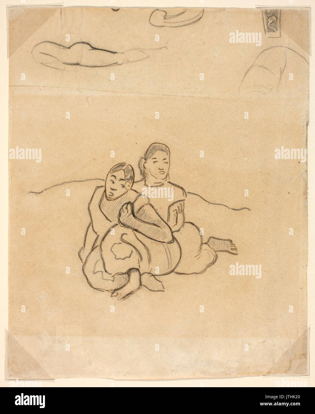 Paul Gauguin frammenti di corpi, un disegno decorativo e due accovacciato Tahitian donne in un paesaggio legati alla Nafea Faaipoipo (quando ti sposerà) NGA 2002.233V Foto Stock