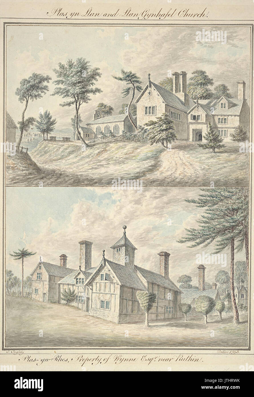 Plas yn Llan e Llan Gynhafel Chiesa ; Plas yn Rhos, proprietà di Wynne Esq, vicino a Ruthin, 1793 Foto Stock