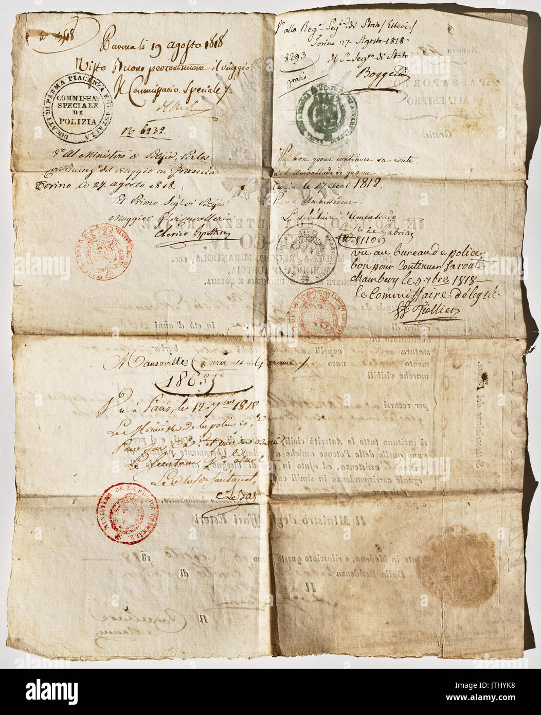 Passeport italien 1818 tergo Foto Stock