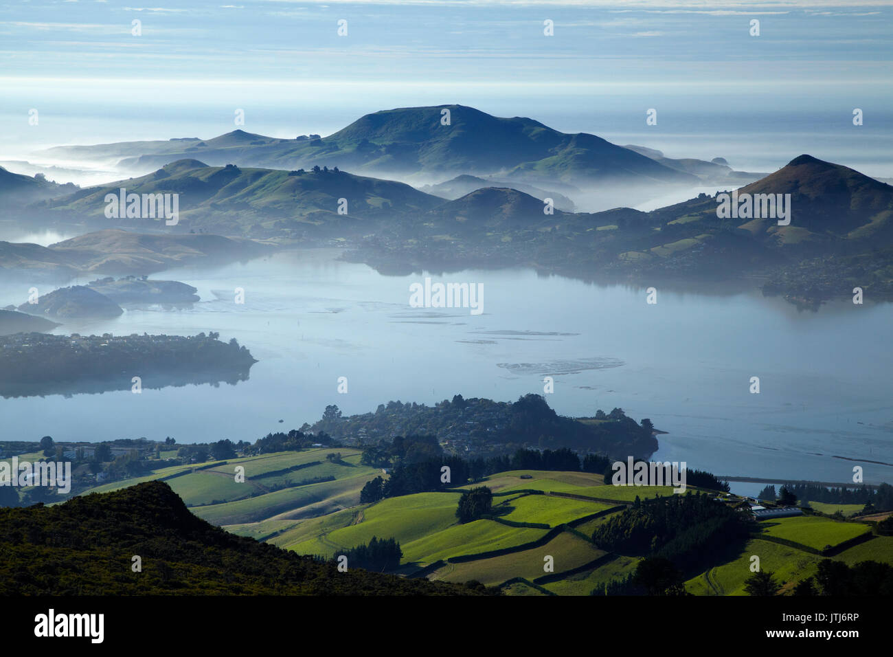 Porto di Otago e la penisola di Otago, Dunedin, Isola del Sud, Nuova Zelanda Foto Stock