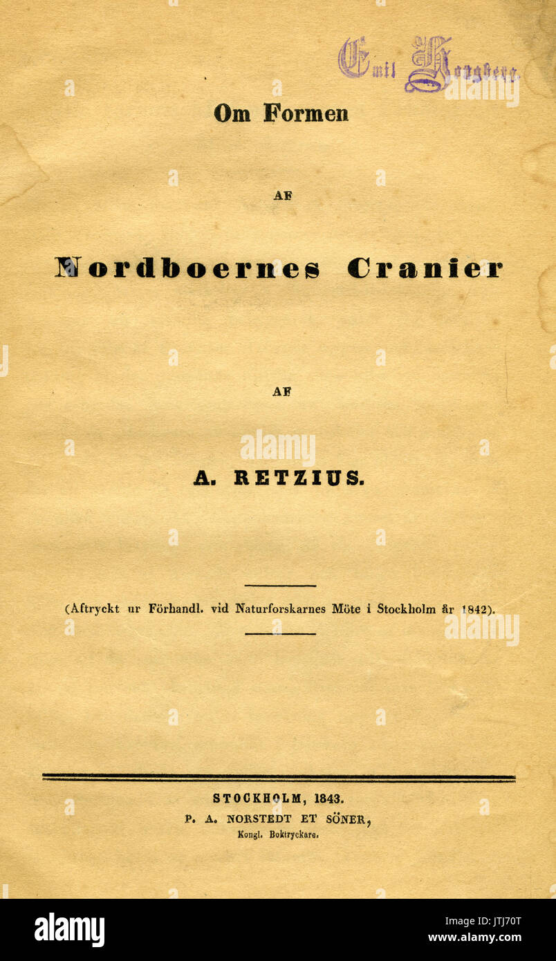 Retzius, Om formen af Nordboernes Cranier (1843) titelblad Foto Stock