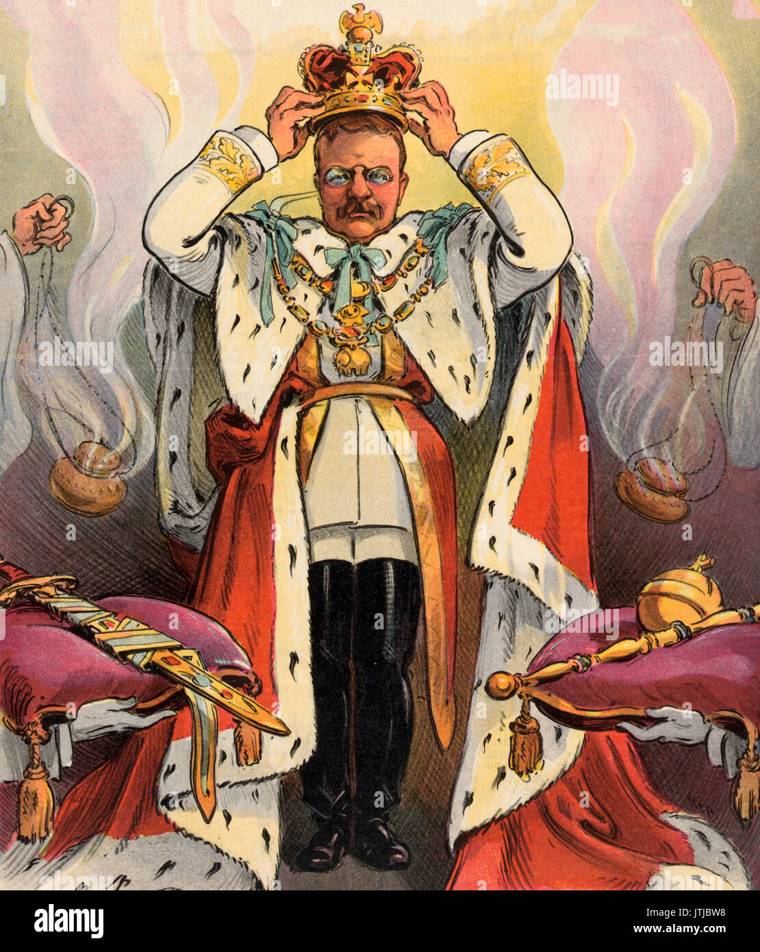 'L'Etat, c'est moi' illustrazione mostra Presidente Theodore Roosevelt a coronamento di se stesso come imperatore. Cartoon politico, 1904 Foto Stock