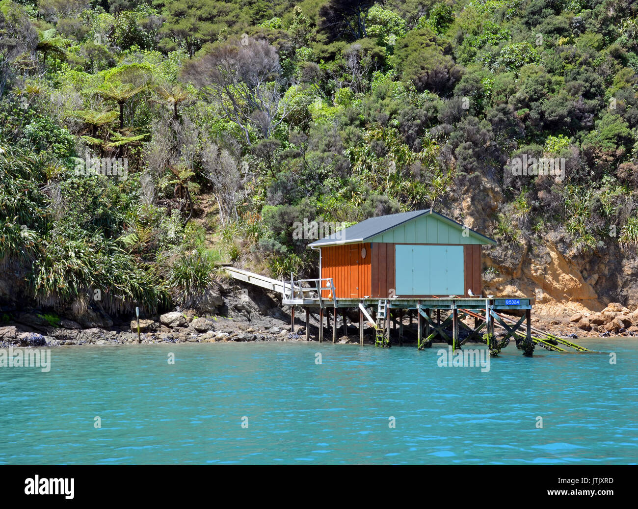 Classic boat house e jetty sulle sponde rocciose del Marlborough Sounds, Nuova Zelanda. Foto Stock