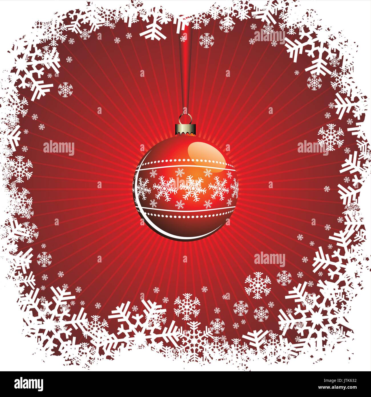 Illustrazione di natale con la sfera rossa e fiocchi di neve Illustrazione Vettoriale