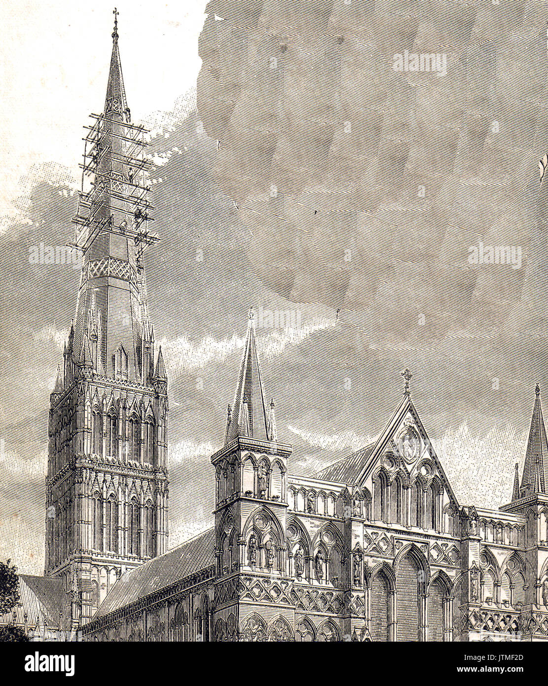 Steeplejacks lavorando sulla torre della cattedrale di Salisbury circa 1910. Foto Stock