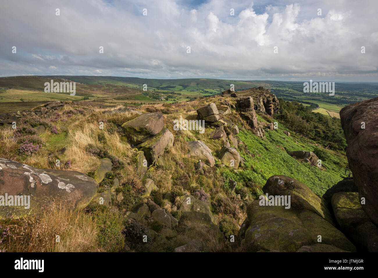 Roccioso e aspro paesaggio presso il roaches tra Buxton e il porro nel parco nazionale di Peak District. Foto Stock