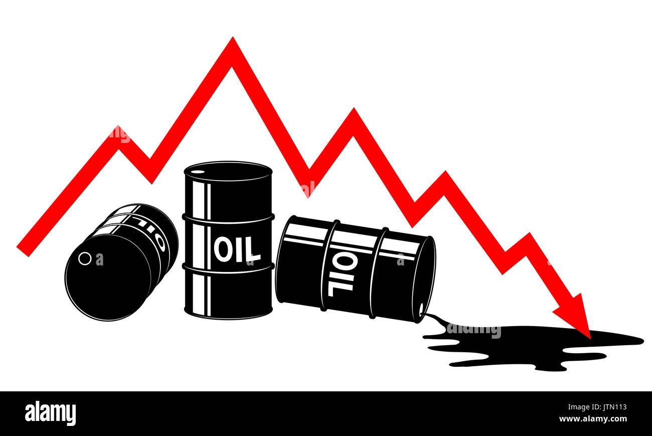 La caduta del prezzo del petrolio. Grafico e barili. Il costo diminuisce. La crisi dell'economia. Nero e rosso. Illustrazione Vettoriale