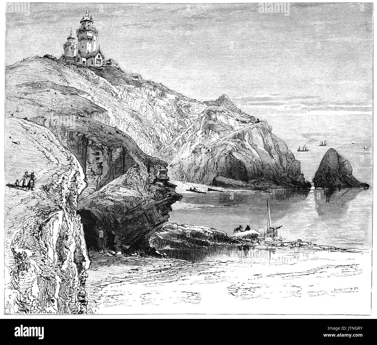 1870: i visitatori al faro sopra Polpeor Cove è una piccola spiaggia situato appena a destra di Lizard Point, Cornwall, Inghilterra Foto Stock