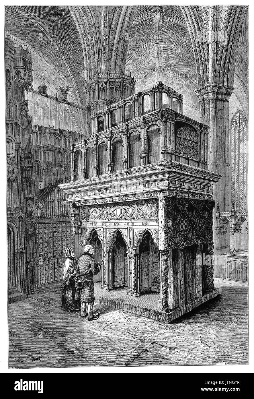 1870: pellegrini al santuario di Edoardo il Confessore (1003 - 1066) che fu il primo a quella anglosassone e il solo re d'Inghilterra di essere canonizzato, ma egli faceva parte di una tradizione di (uncanonised) Inglese royal santi, come Edoardo il martire. L'Abbazia di Westminster, Londra, Inghilterra Foto Stock