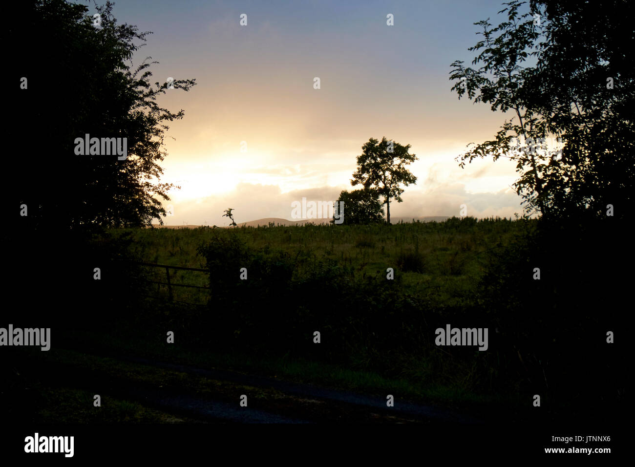 Sun impostazione sulla contea di Mayo campagna Irlanda Foto Stock