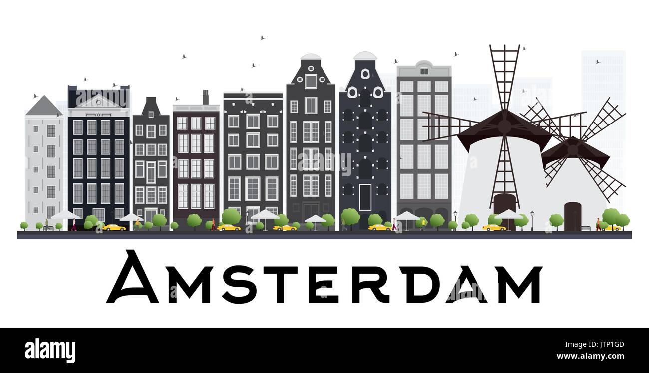Amsterdam Olanda skyline con edifici grigi isolati su sfondo bianco. illustrazione vettoriale. business viaggi e turismo concept. Illustrazione Vettoriale