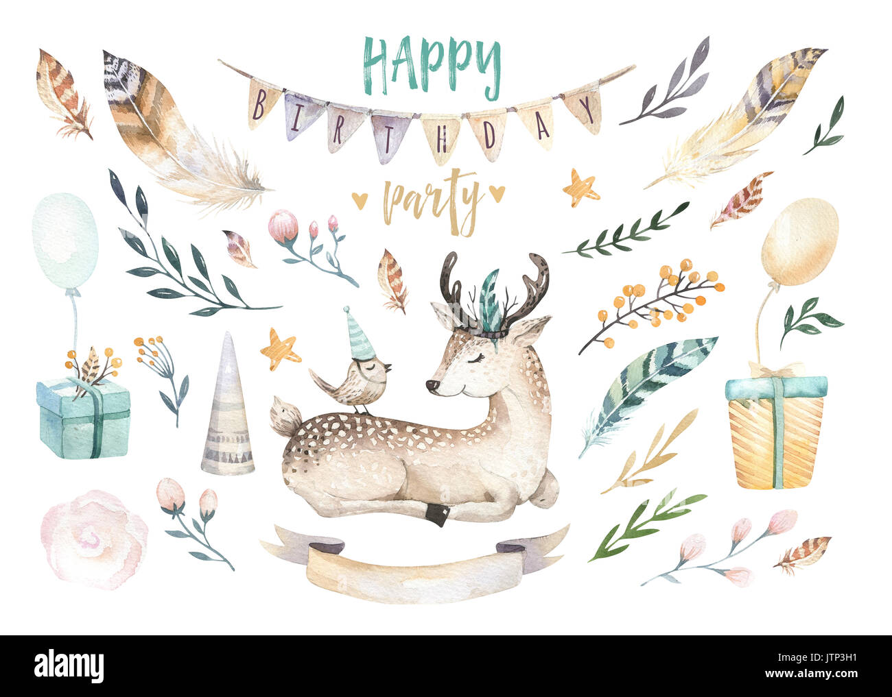 Carino baby deer vivaio isolato animale illustrazione per bambini. Bohemian acquerello boho foresta famiglia Cervi disegno, acquerello immagine. Perfetto per poster di vivaio, modelli. Compleanno invito Foto Stock