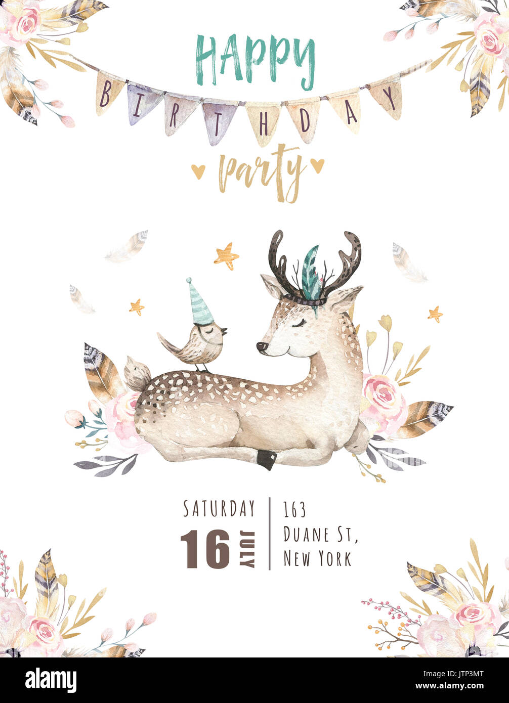 Carino baby deer vivaio isolato animale illustrazione per bambini. Bohemian acquerello boho foresta famiglia Cervi disegno, acquerello immagine. Perfetto per poster di vivaio, modelli. Compleanno invito Foto Stock