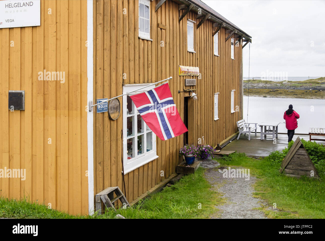 Helgeland Museum Visualizza di Eider anitra giù la raccolta in un edificio in legno. Nes, Vega Isola, Nordland, Norvegia e Scandinavia Foto Stock