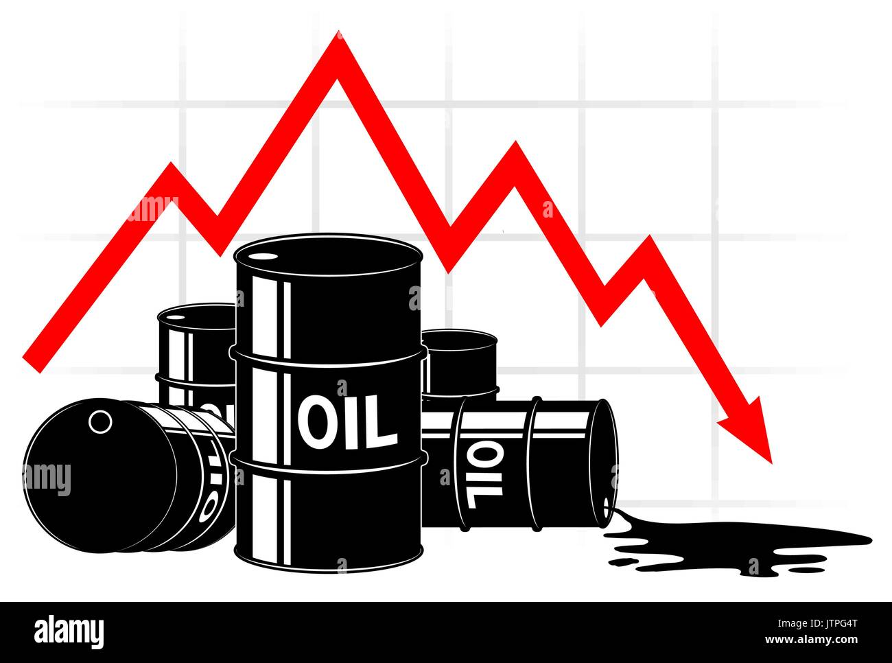 La caduta del prezzo del petrolio. Grafico e barili. Il costo diminuisce. La crisi dell'economia. Nero e rosso. Illustrazione Vettoriale