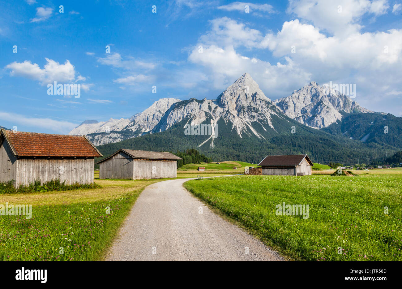 Austria, Alpi calcaree a nord delle Alpi Orientali, Baracche di fieno nel bacino di Ehrwald a Lermoos con vista di Mieminger gamma Foto Stock