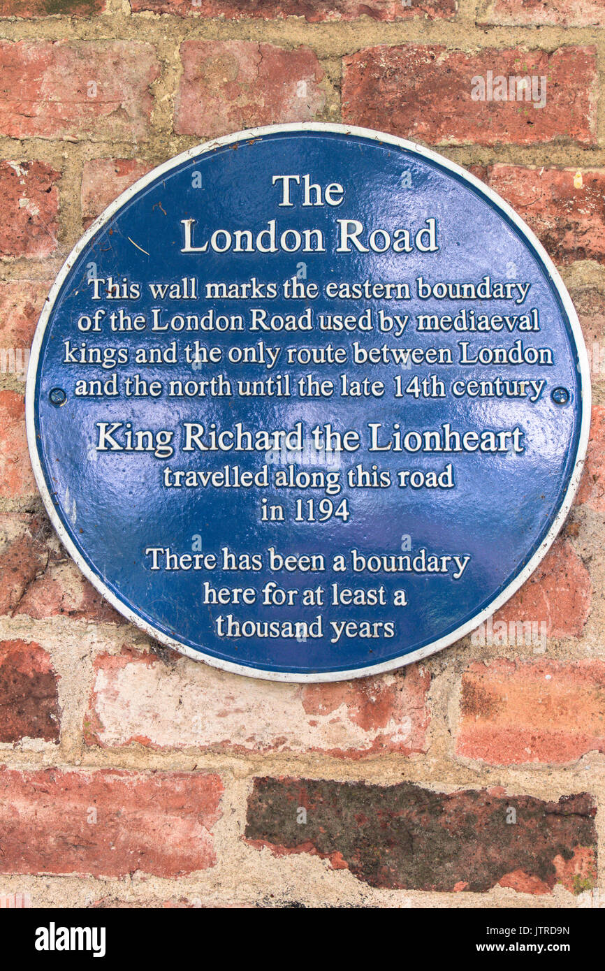 Melton Mowbray targa blu, re Riccardo Cuor di Leone. Old London Road utilizzato dal re medievale tra Londra e il nord Foto Stock