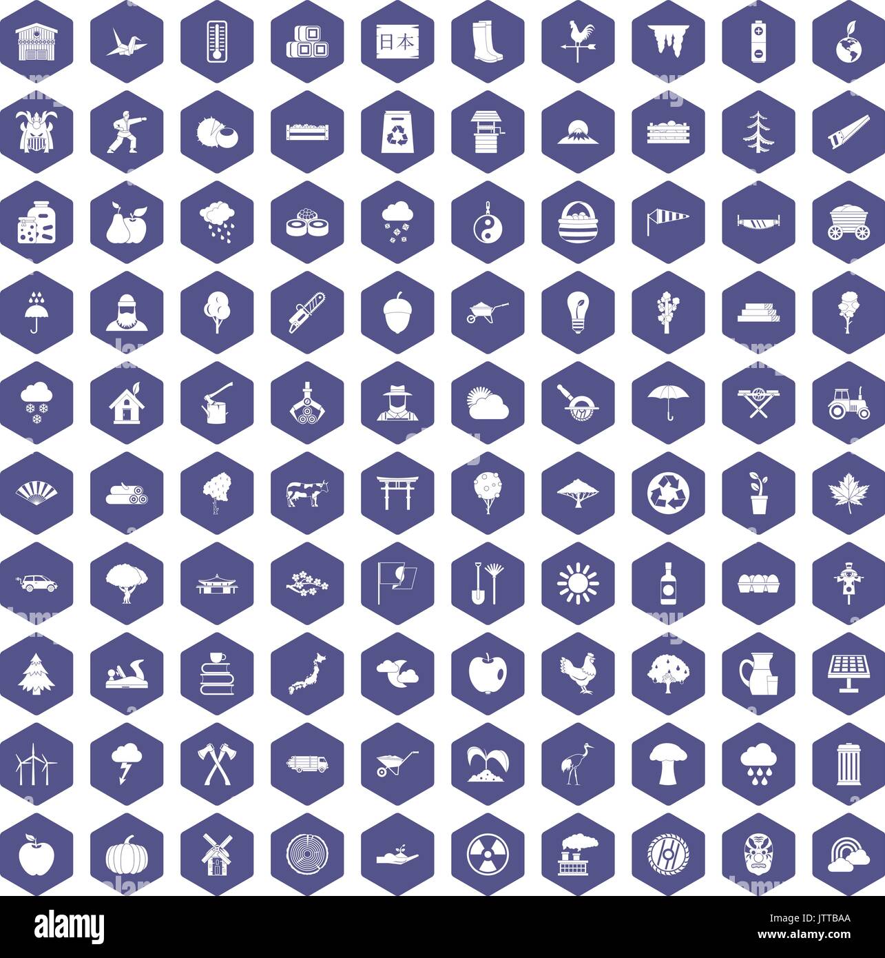 100 albero esagonale icone viola Illustrazione Vettoriale
