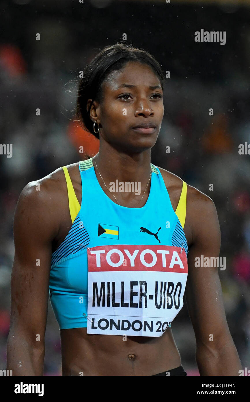 Londra, Regno Unito. Il 9 agosto 2017. Shaunae Miller-Uibo (Bahamas) sulla linea di partenza nelle donne 400m finale allo stadio di Londra, il giorno sei della IAAF Campionati del Mondo London 2017. Credito: Stephen Chung / Alamy Live News Foto Stock