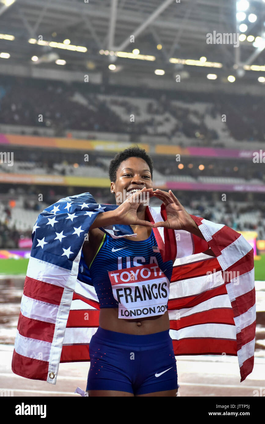 Londra, Regno Unito. Il 9 agosto 2017. Phyllis Francesco (USA) vince le donne 400m finale allo stadio di Londra, il giorno sei della IAAF Campionati del Mondo London 2017. Salwa Eid Naser (Bahrain) secondo, Allyson Felix (USA) terzo. Credito: Stephen Chung / Alamy Live News Foto Stock