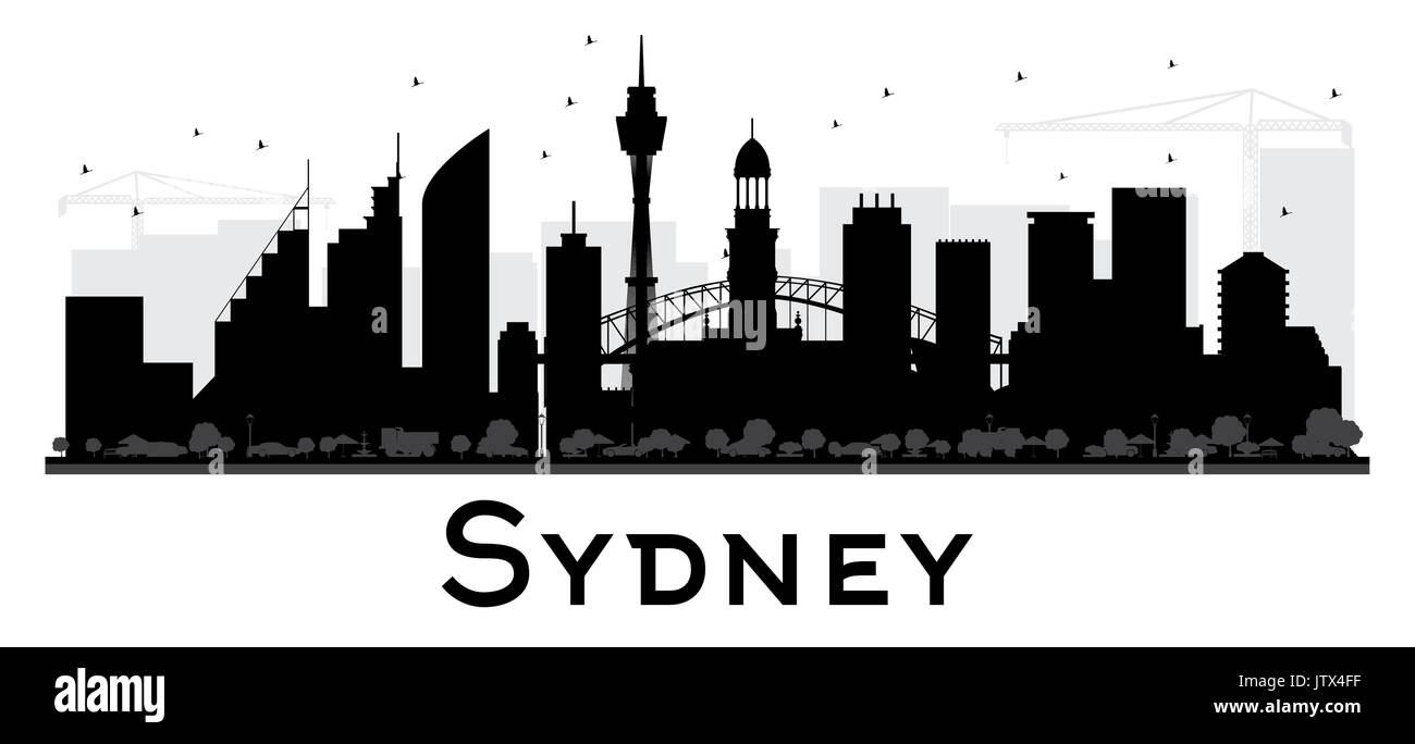 Sydney skyline della città in bianco e nero silhouette. illustrazione vettoriale. semplice piatto concetto per il turismo presentazione, banner, cartellone o sito web. Illustrazione Vettoriale