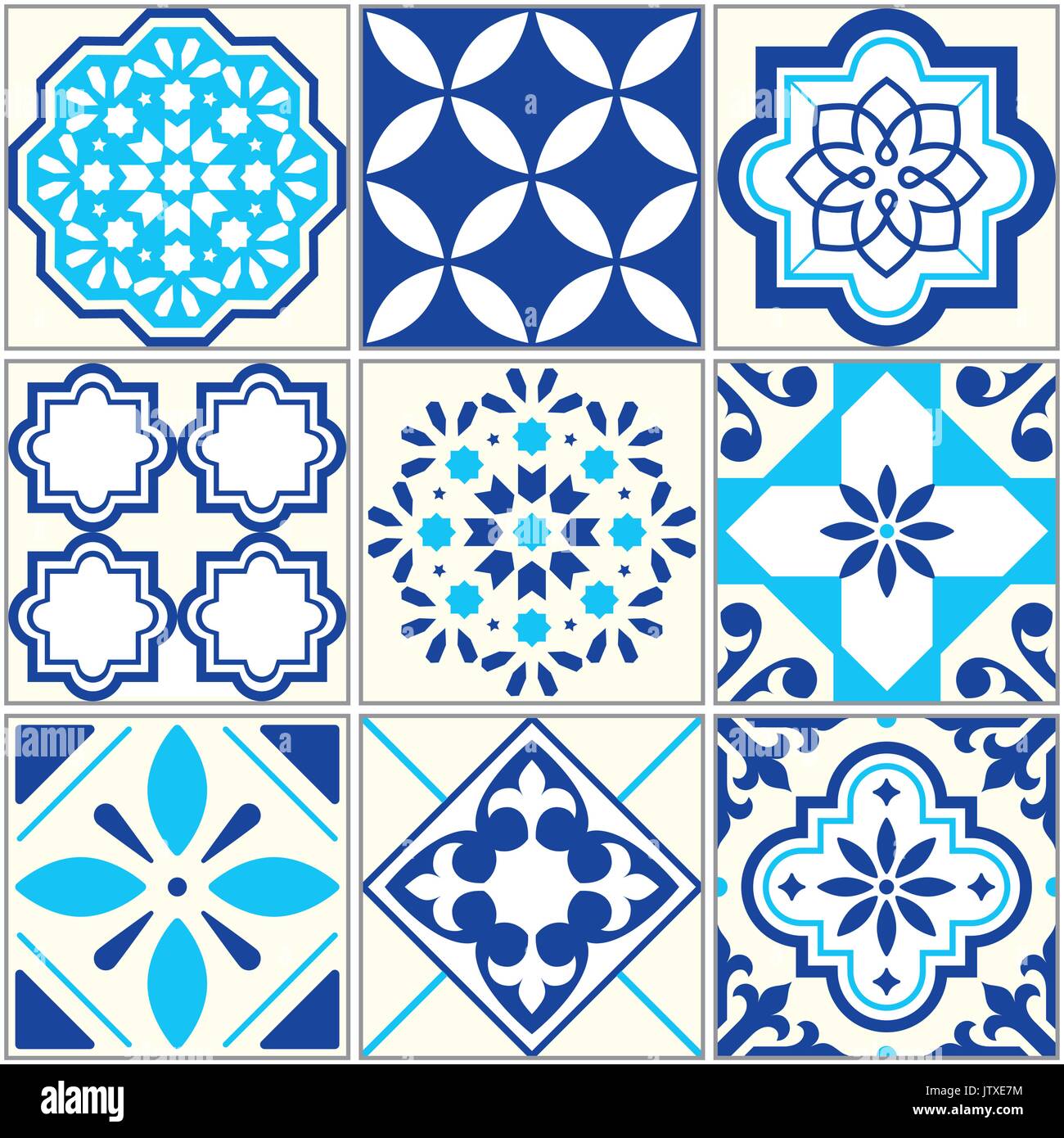 Vettore di piastrelle blu pattern, Lisbona mosaico floreale, Mediterraneo ornamento senza giunture - Azulejos Illustrazione Vettoriale