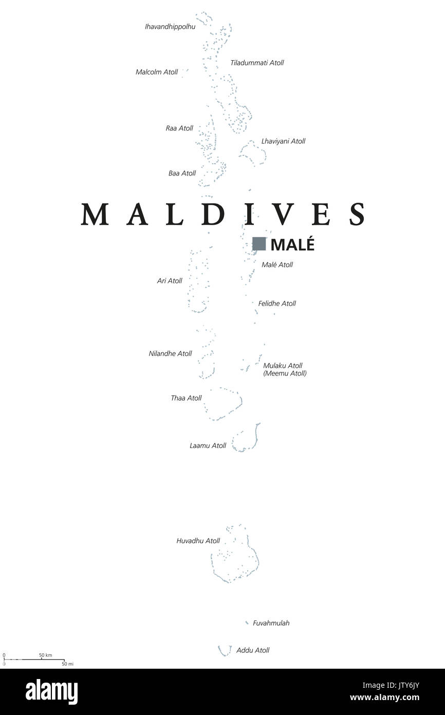 Maldive mappa politico con capitale maschio. Etichetta inglese. Repubblica e asiatici del sud paese isola nell'Oceano Indiano. Una catena di atolli Foto stock - Alamy