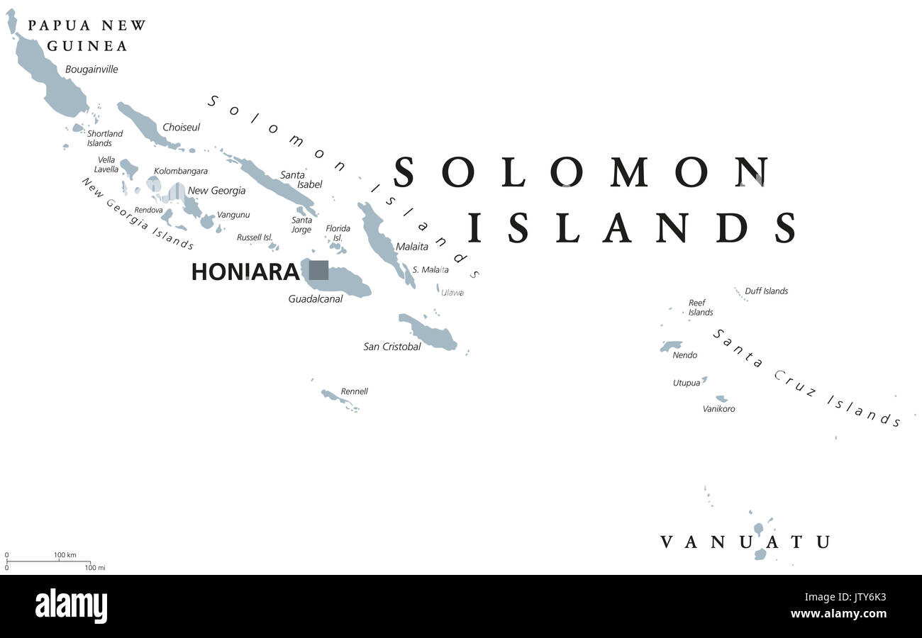 Isole Salomone mappa politico con capitale Honiara. Etichetta inglese. Paese sovrano in Melanesia, Oceania. Illustrazione di grigio su sfondo bianco. Foto Stock
