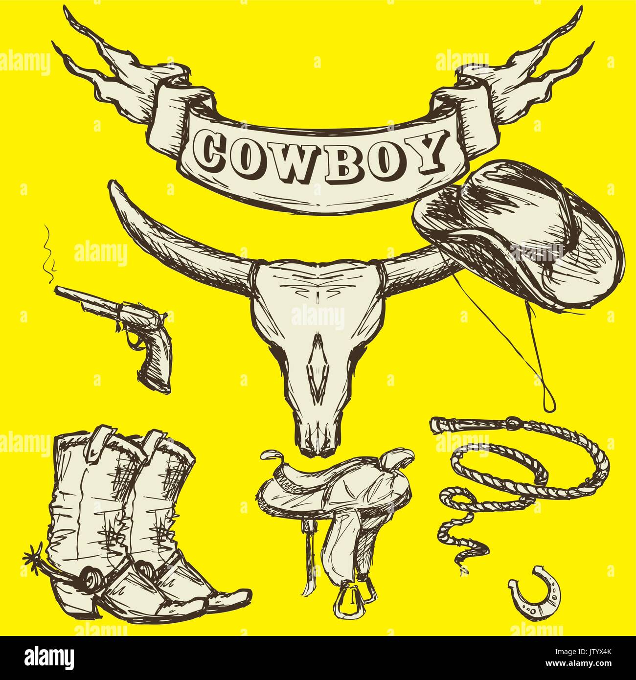 Accessori cowboy su uno sfondo giallo, del disegno a mano , illustrazione vettoriale Illustrazione Vettoriale