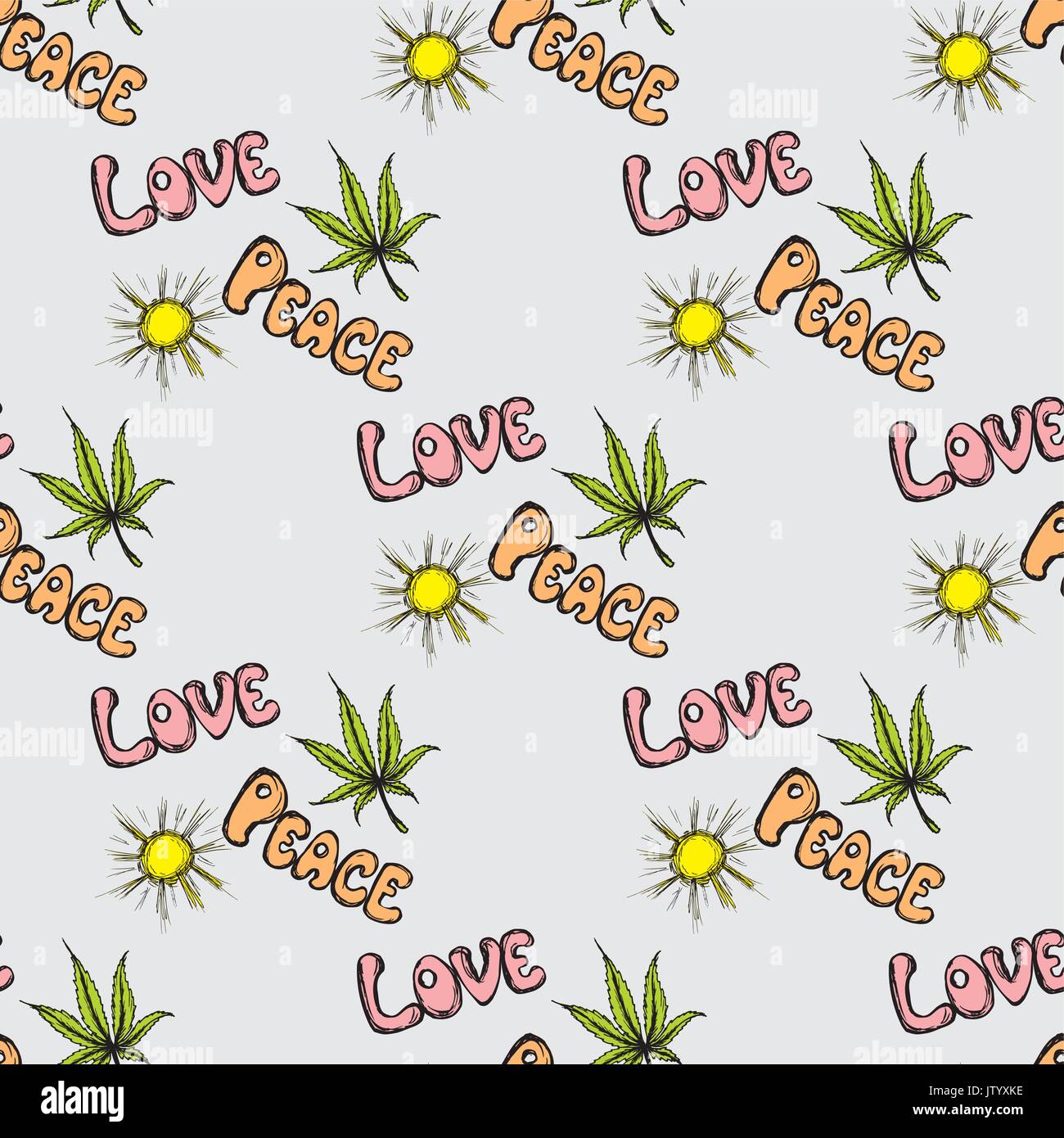 Modello senza giunture Cannabis leaf e sun . Disegno a mano.Seamless pattern può essere utilizzato per la carta da parati, riempimenti, sfondi per pagine web, texture di superficie Illustrazione Vettoriale