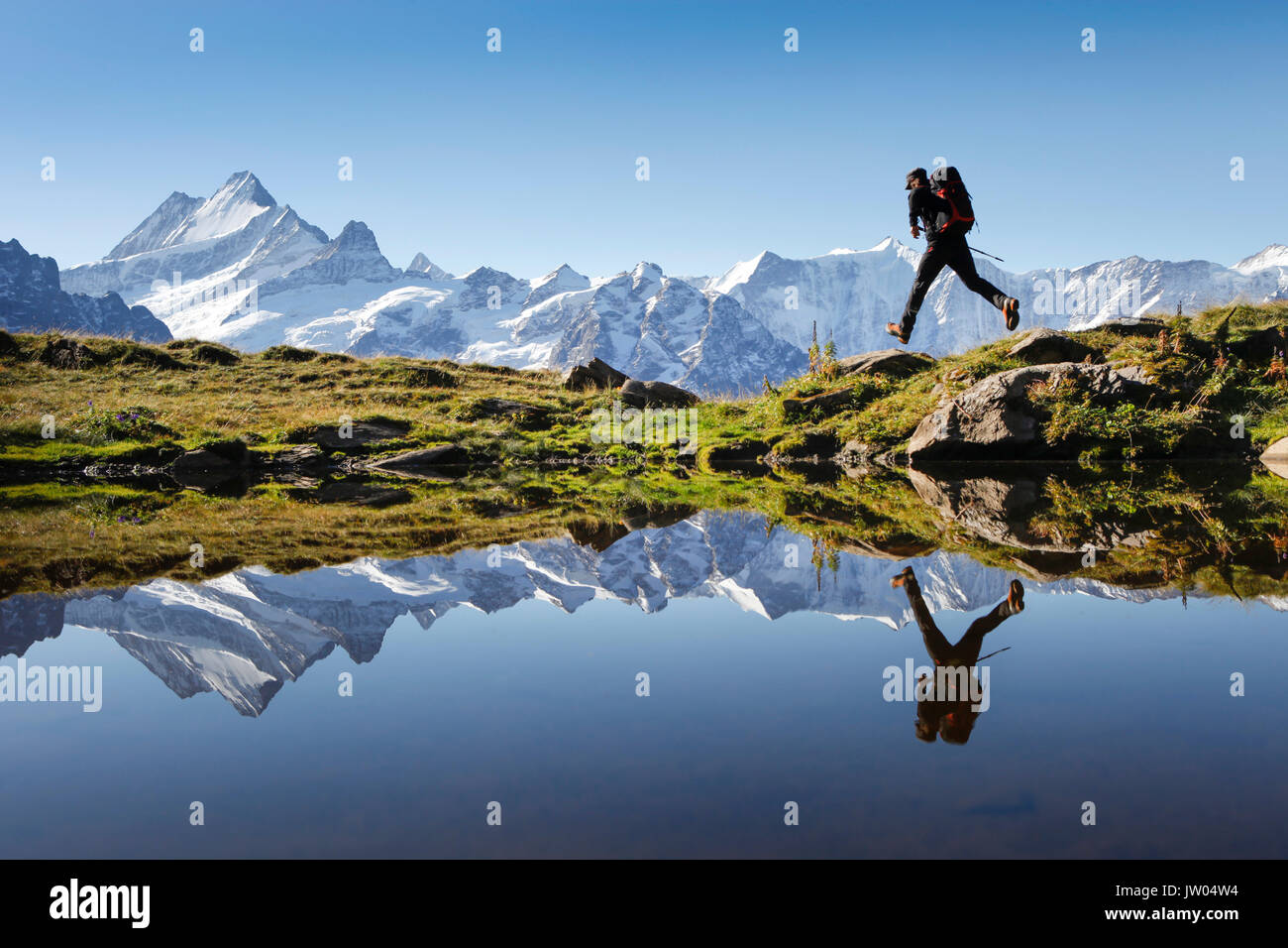 Un escursionista si salta, mentre la sua azione la postura viene riflessa in un lago di montagna sopra Grindelwald nelle Alpi Svizzere. Il famoso Oberland Bernese picchi sono in background. Foto Stock