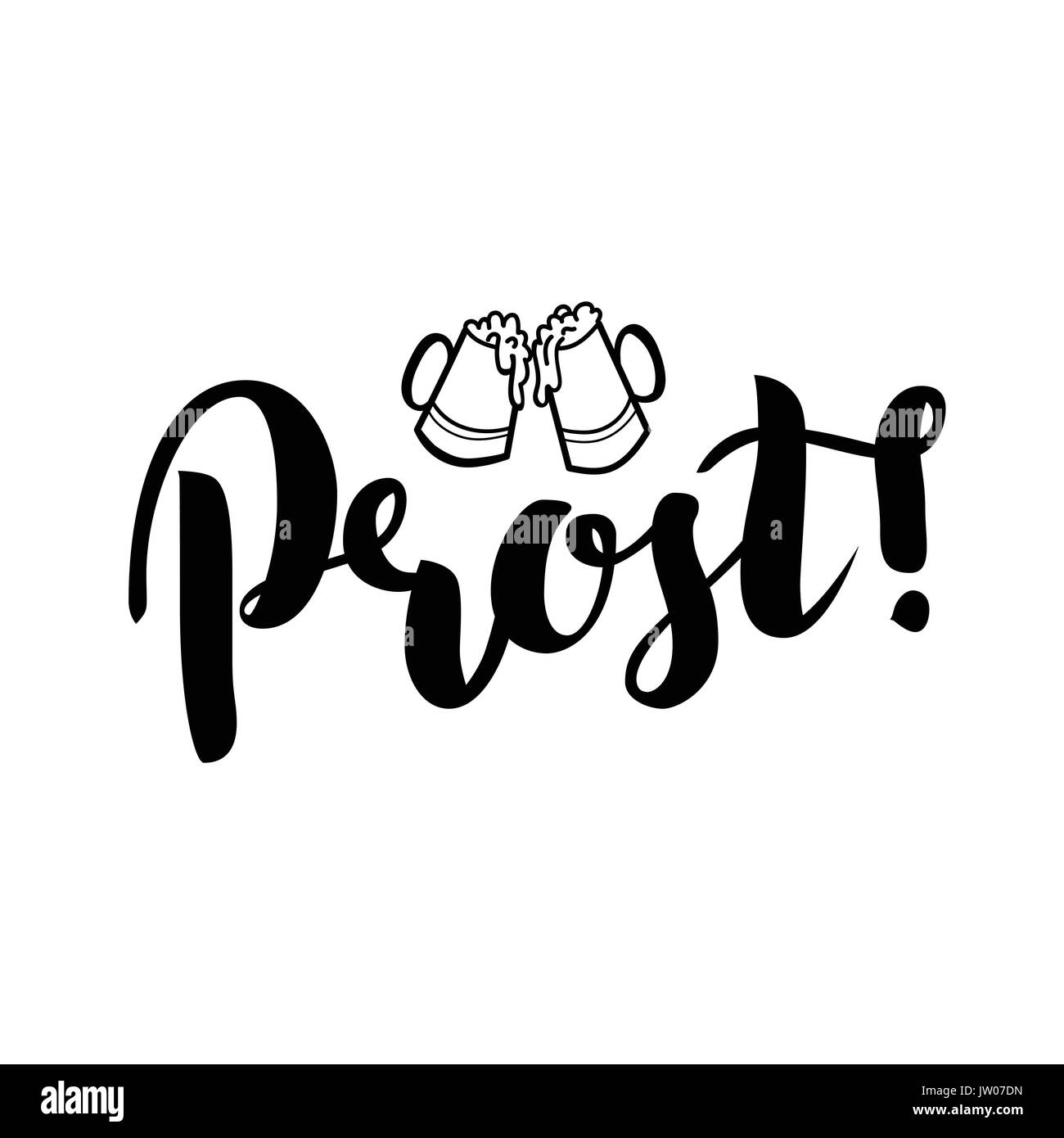 Tedesco tradizionale Oktoberfest bier festival con testo Prost Cheers e due bier. Vettore illustrazione lettering isolato su bianco. Illustrazione Vettoriale