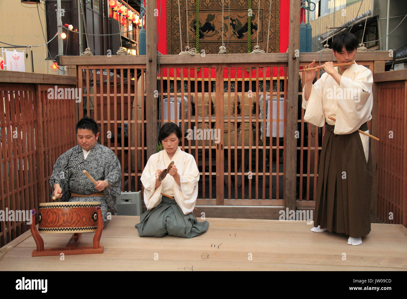 Giappone, Kyoto Gion Matsuri, festival, musicisti, street performance, Foto Stock