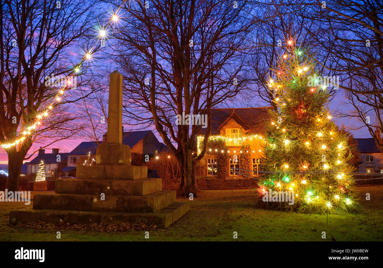 Un albero di Natale e luci festose impreziosiscono il villaggio verde in Litton, un villaggio nel distretto di Peak,Derbyshire, Regno Unito - Dicembre Foto Stock