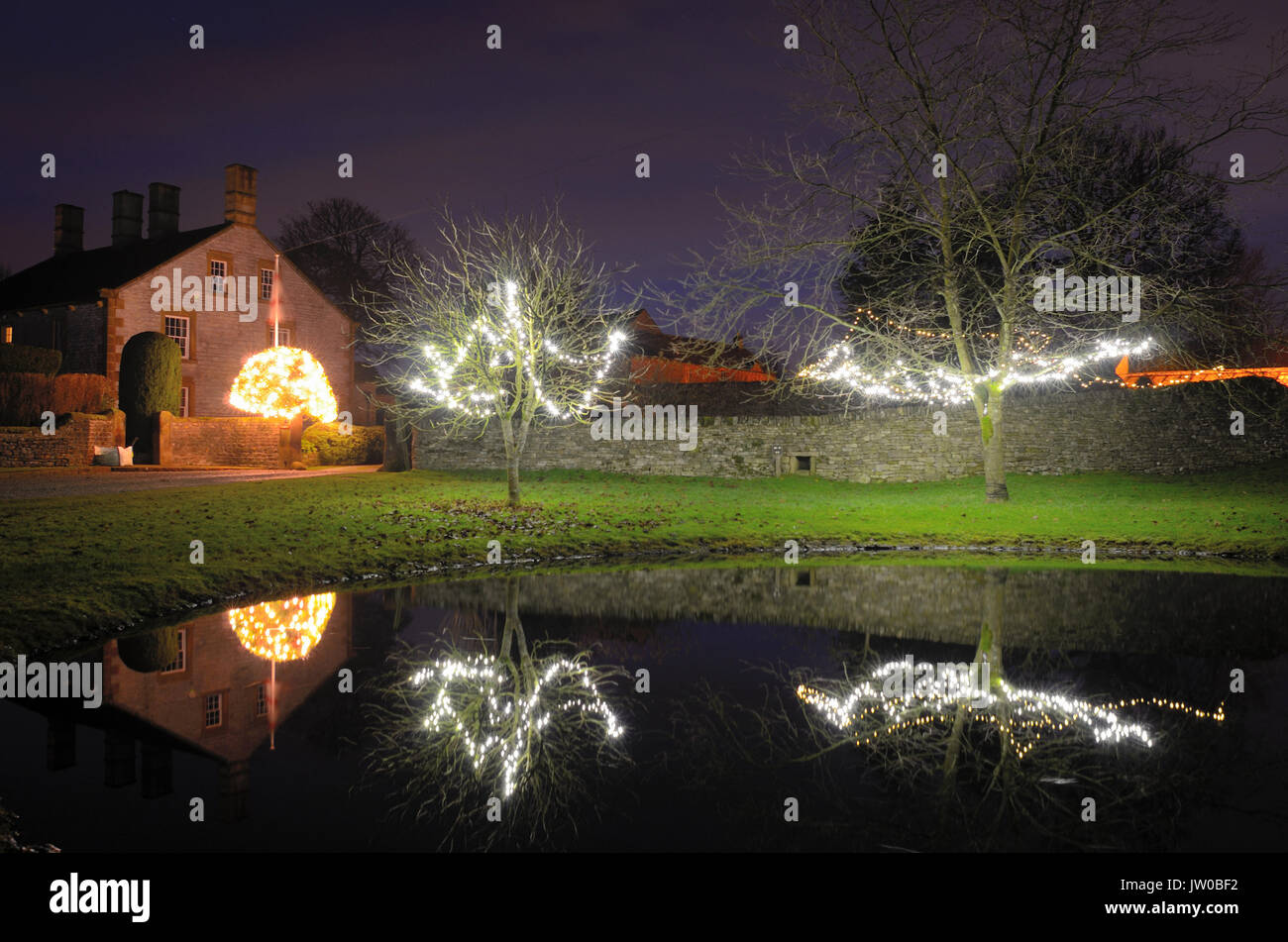 Le luci di Natale decorano alberi intorno al laghetto in Foolow, un pittoresco villaggio nel Peak District,Derbyshire,Inghilterra Regno Unito - Dicembre Foto Stock