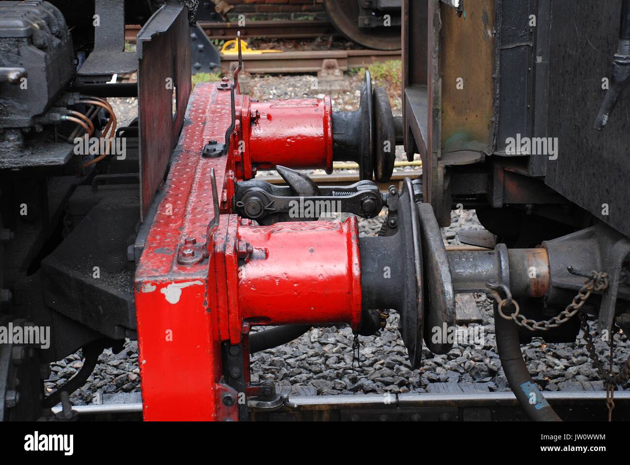 I buffer e di accoppiamenti di Ferrovia Meridionale 0-6-0T USA classe locomotiva a vapore numero 65 a Tenterden stazione sul Kent e East Sussex Railway. Foto Stock